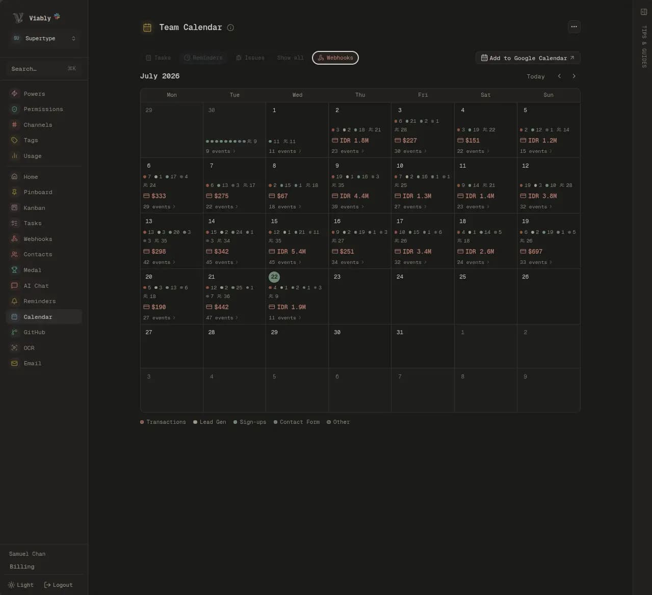 The Viably team calendar, showing the month's events beside the revenue that landed on each day