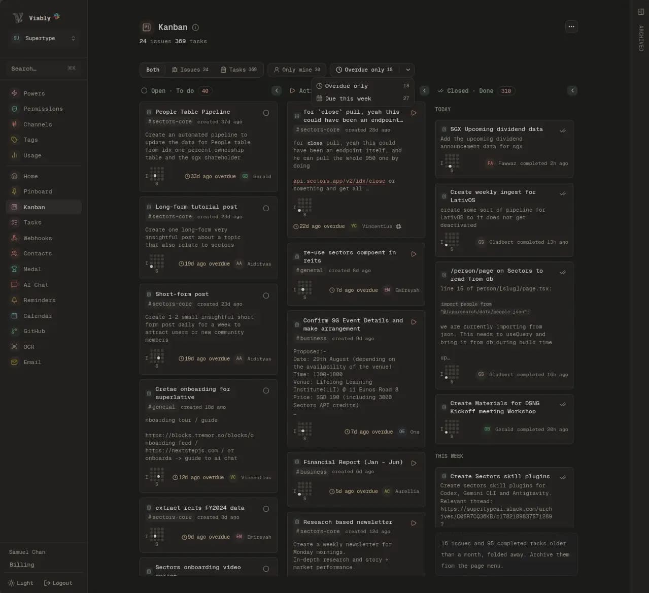The Viably kanban board, with the issues and tasks Via filed from Slack messages