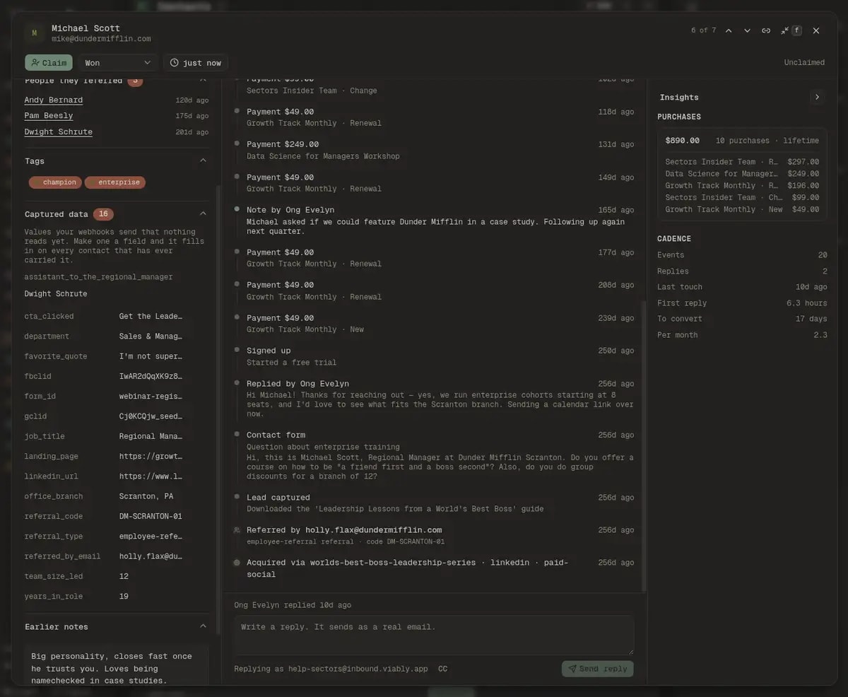A Viably contact record showing one customer's full timeline of payments, forms, notes, and email replies