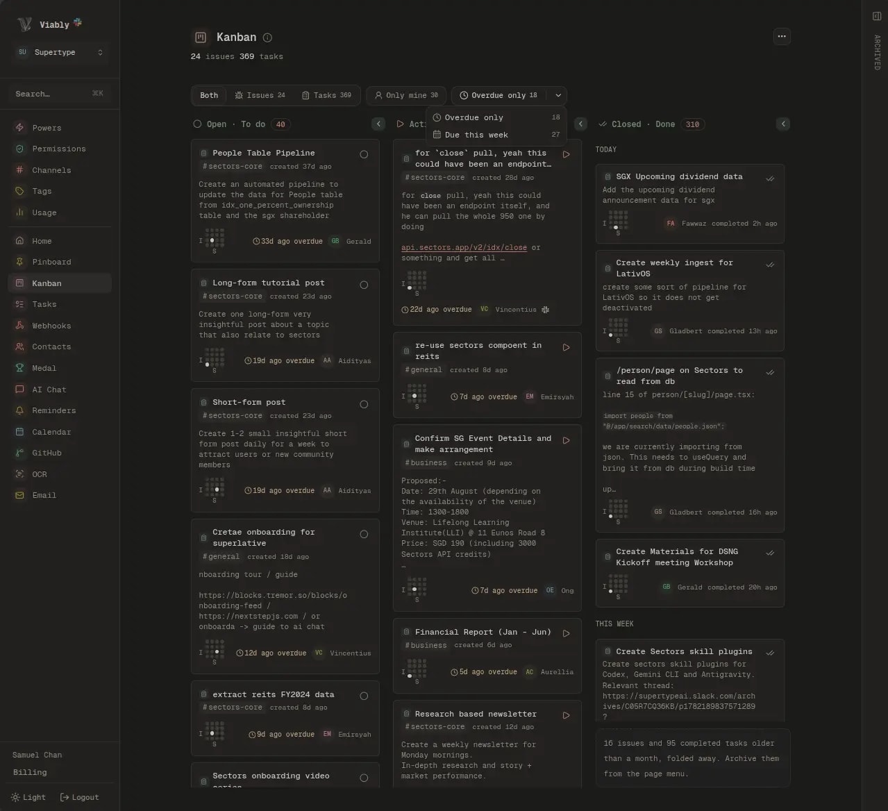 The Viably kanban board with issue and task cards grouped into open, active, and closed columns